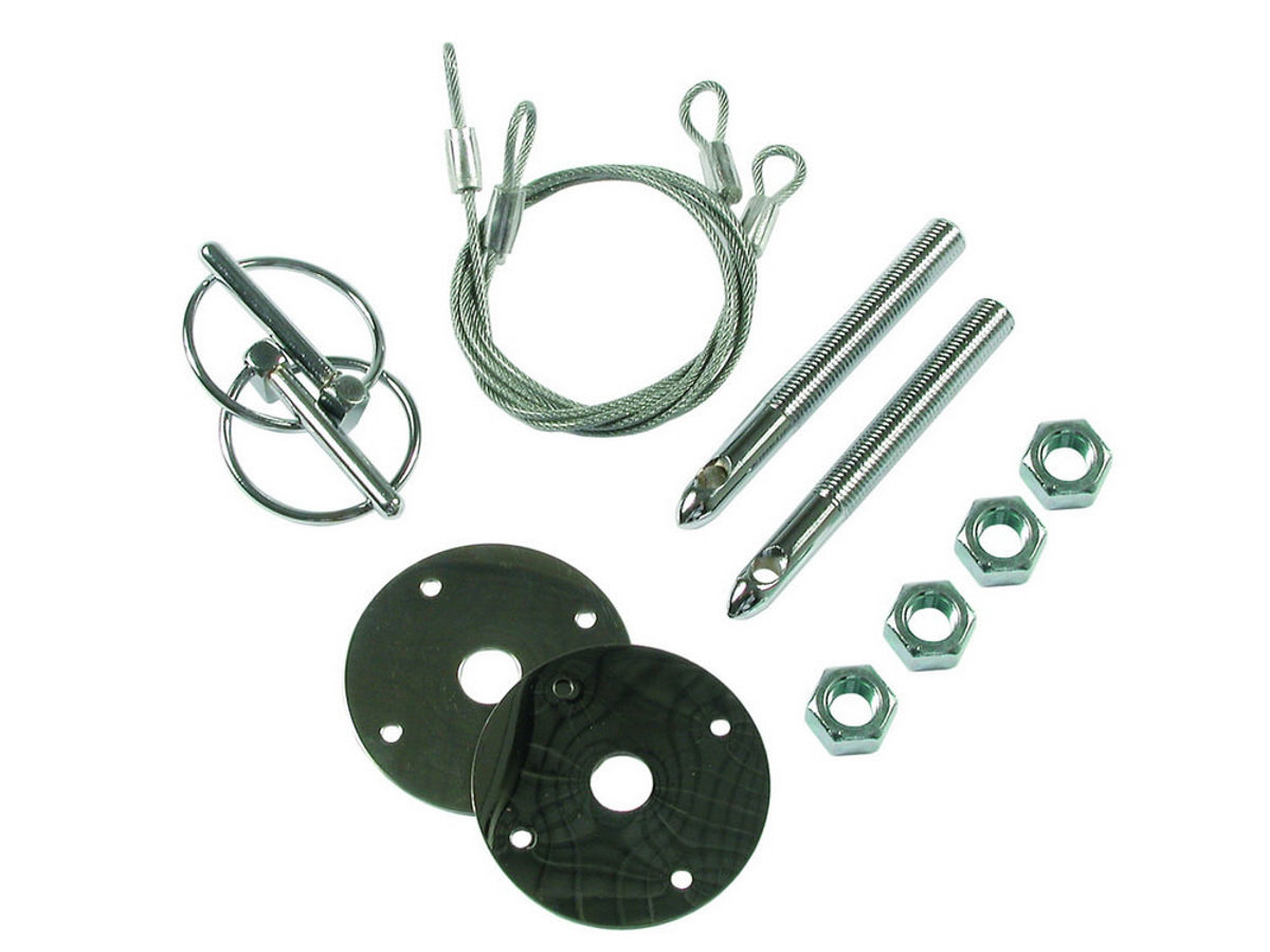 Mr. Gasket 1617 Hood Pin, Hood or Deck Pin Kit, Competition, 7/16 in OD x 4 in Long, 2-1/2 in OD Scuff Plates, Torsion Clips, Lanyards, Hardware Included, Steel, Chrome, Kit