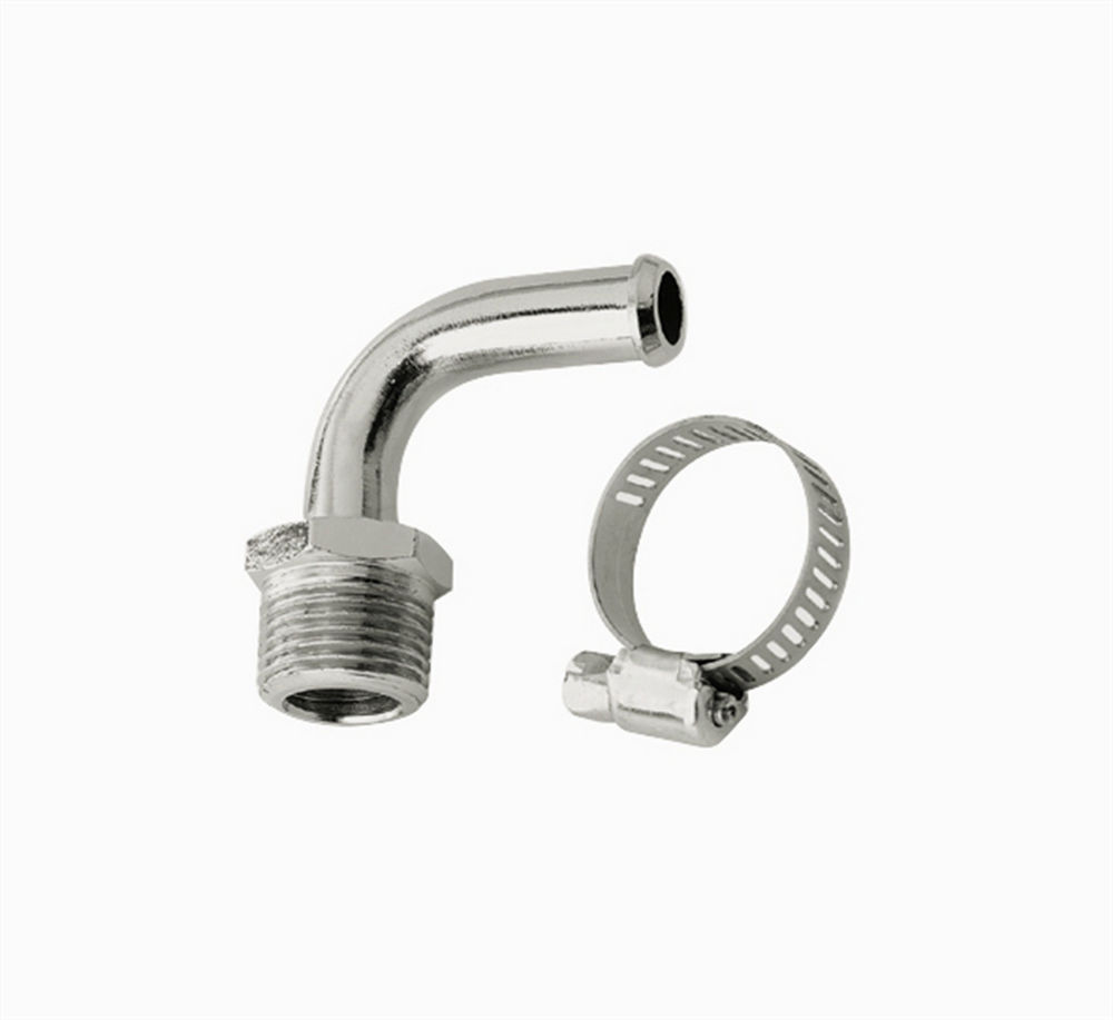 Mr. Gasket 2970G Fitting, Adapter, 90 Degree, 3/8 in Hose Barb to 3/8 in NPT Male, Brass, Chrome, Each