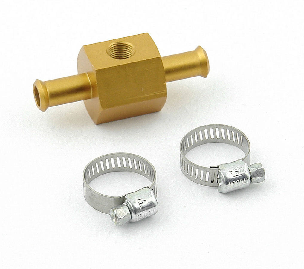 Mr. Gasket 2975 Fitting, Gauge Adapter, Straight, 3/8 in Hose Barb to 3/8 in Hose Barb, 1/8 in NPT Gauge Port, Aluminum, Gold Anodized, Each