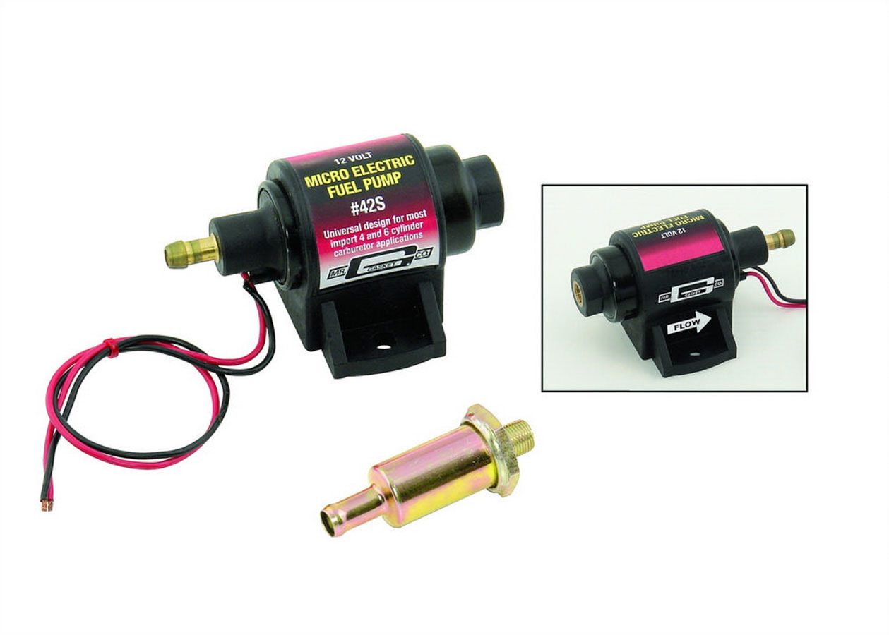 Mr. Gasket 42S Fuel Pump, Micro In-Line, Electric, 28 gph Free Flow, 1/8 in NPT Inlet, 5/16 in Hose Barb Outlet, Filter, Gas, Each