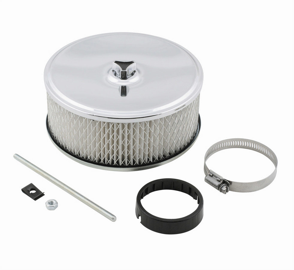 Mr. Gasket 4350 Air Cleaner Assembly, Deep Dish, 6-1/2 in Round, 3-1/2 in Tall, 2-5/16 in or 2-5/8 in Carb Flange, Raised Base, Steel, Chrome, Kit