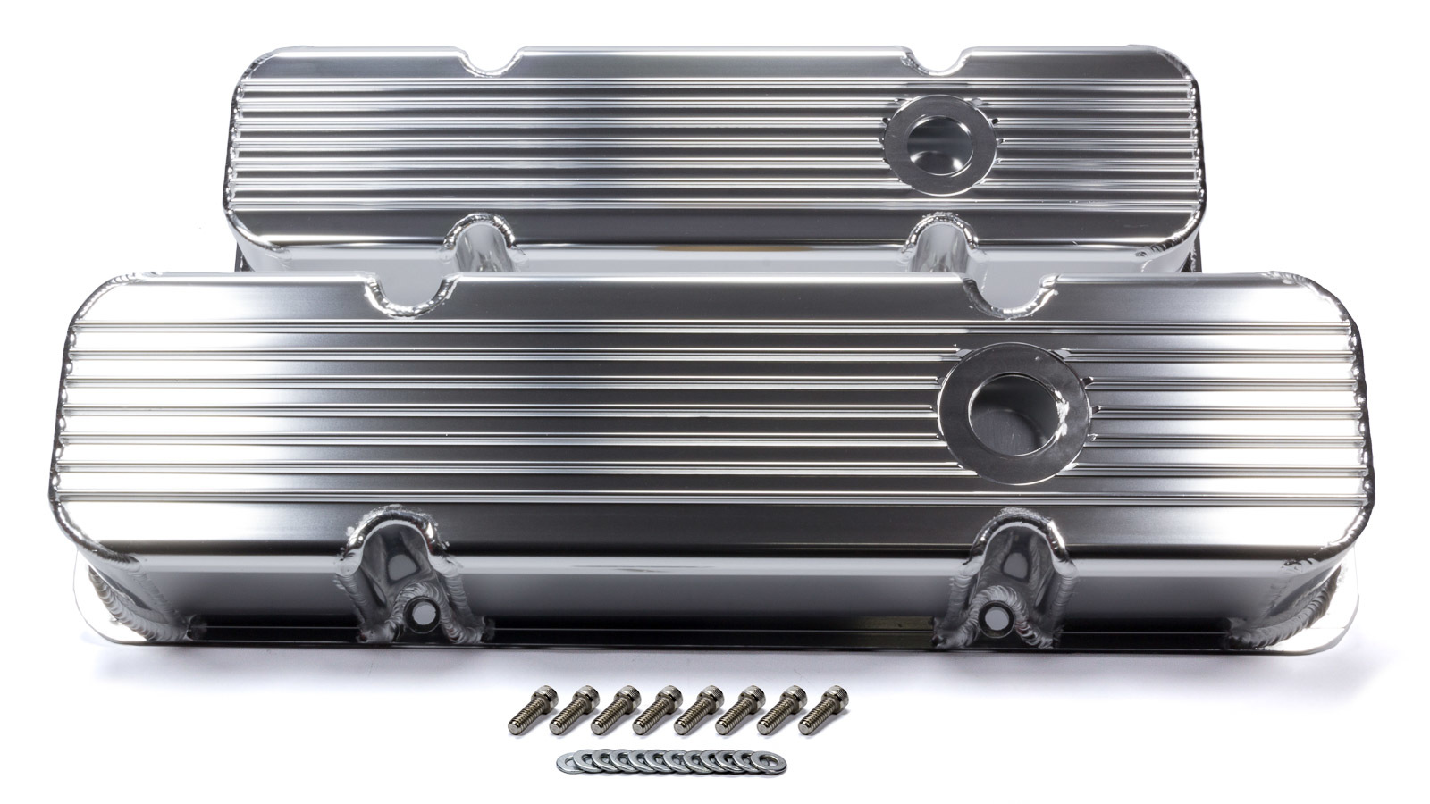 Mr. Gasket 6814G Valve Cover, Tall, Breather Holes, Hardware Included, Finned, Aluminum, Polished, Small Block Chevy, Pair