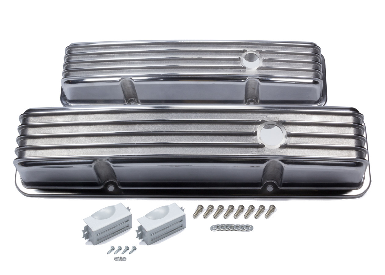 Mr. Gasket 6855G Valve Cover, Stock Height, Breather Holes, Hardware Included, Finned, Aluminum, Polished, Small Block Chevy, Pair