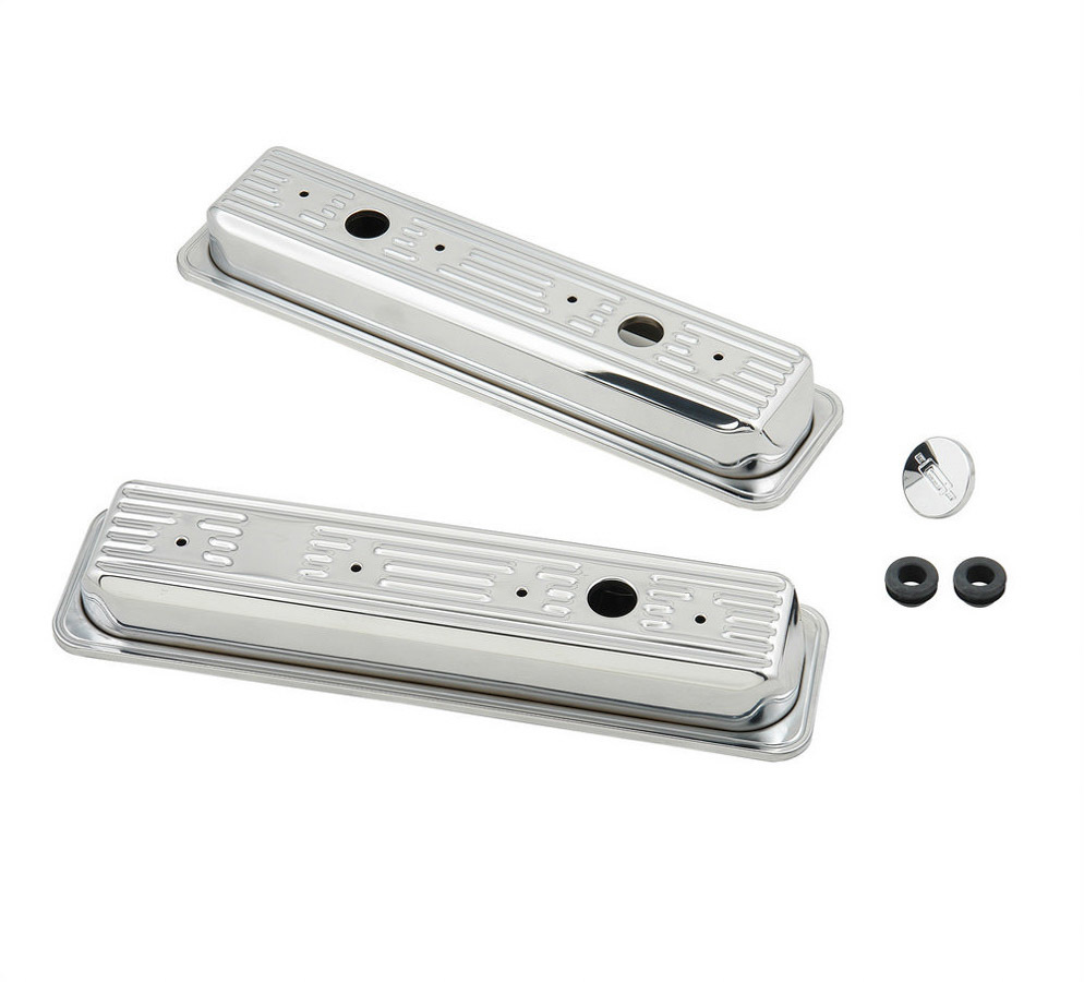 Mr. Gasket 9415 Valve Cover, Stock Height, Baffled, Breather Hole, Steel, Chrome, Center Bolt, Small Block Chevy, Kit