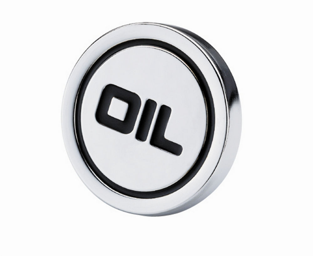 Mr. Gasket 9815 Oil Fill Cap, Push-In, Round, 1.220 in Valve Cover Hole, Oil Logo, Steel, Chrome, Each