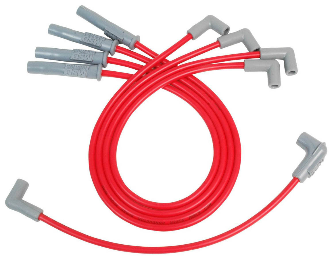 MSD Ignition 31259 Spark Plug Wire Set, Super Conductor, Spiral Core, 8.5 mm, Red, Straight Plug Boots, HEI Style Terminal, Ford 4-Cylinder, Kit