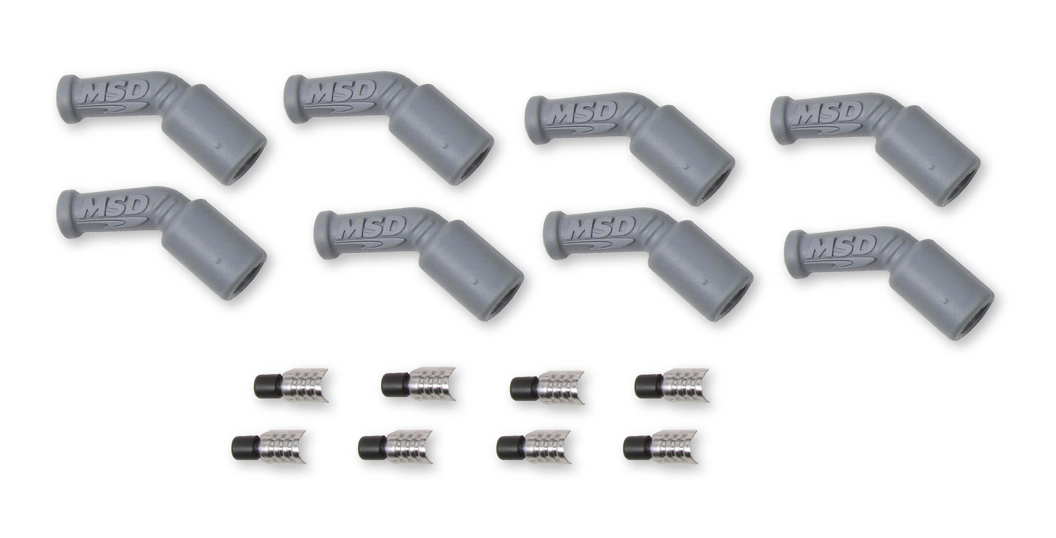 MSD Ignition 33048 Boot / Terminal Kit, Plug, 8.5 mm, Gray, 45 Degree, HEI / Socket Style, GM LS-Series, Set of 8