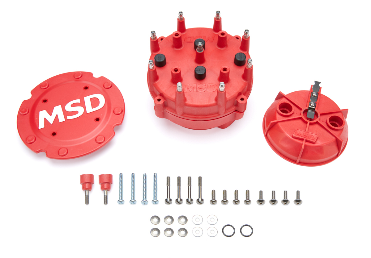 MSD Ignition 7445 Cap and Rotor Kit, Pro-Cap, HEI Style Terminal, Stainless Terminals, Screw Down, Red, Vented, MSD Pro Billet Distributors, V8, Kit
