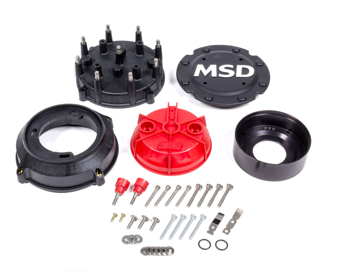 MSD Ignition 74553 Cap and Rotor Kit, Pro-Cap, HEI Style Terminal, Brass Terminals, Screw Down, Red, Vented, Black, MSD Pro-Mag Distributors, V8, Kit
