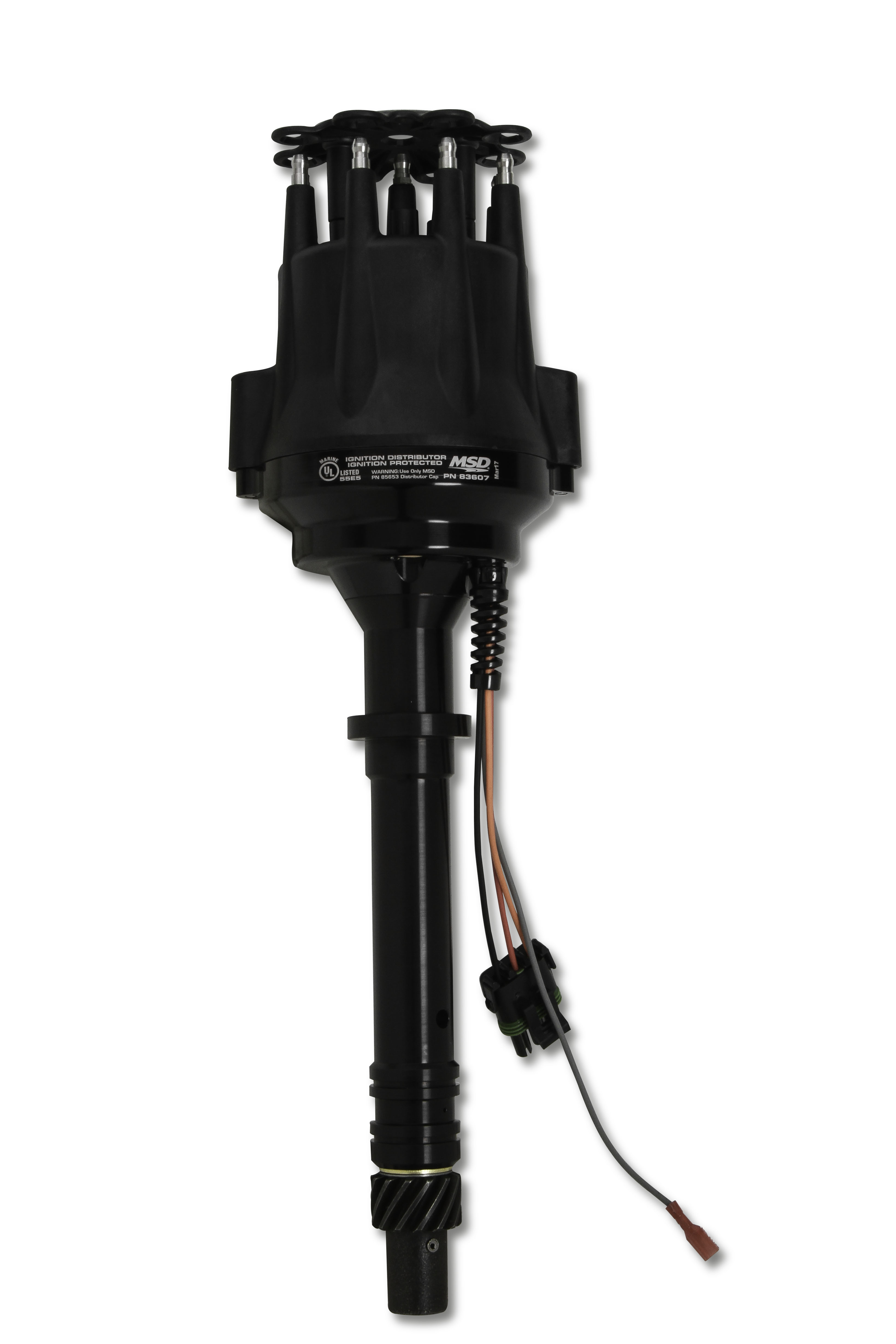 MSD Ignition 83607 Distributor, Ready-To-Run Marine, Magnetic Pickup, Mechanical Advance, HEI Style Terminal, Black Anodized, Chevy V8, Each
