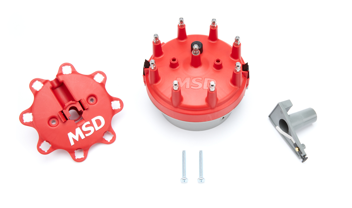MSD Ignition 8414 Cap and Rotor Kit, HEI Style Terminal, Stainless Terminals, Clamp Down, Red, Vented, Spacer, Ford Duraspark V8, Kit