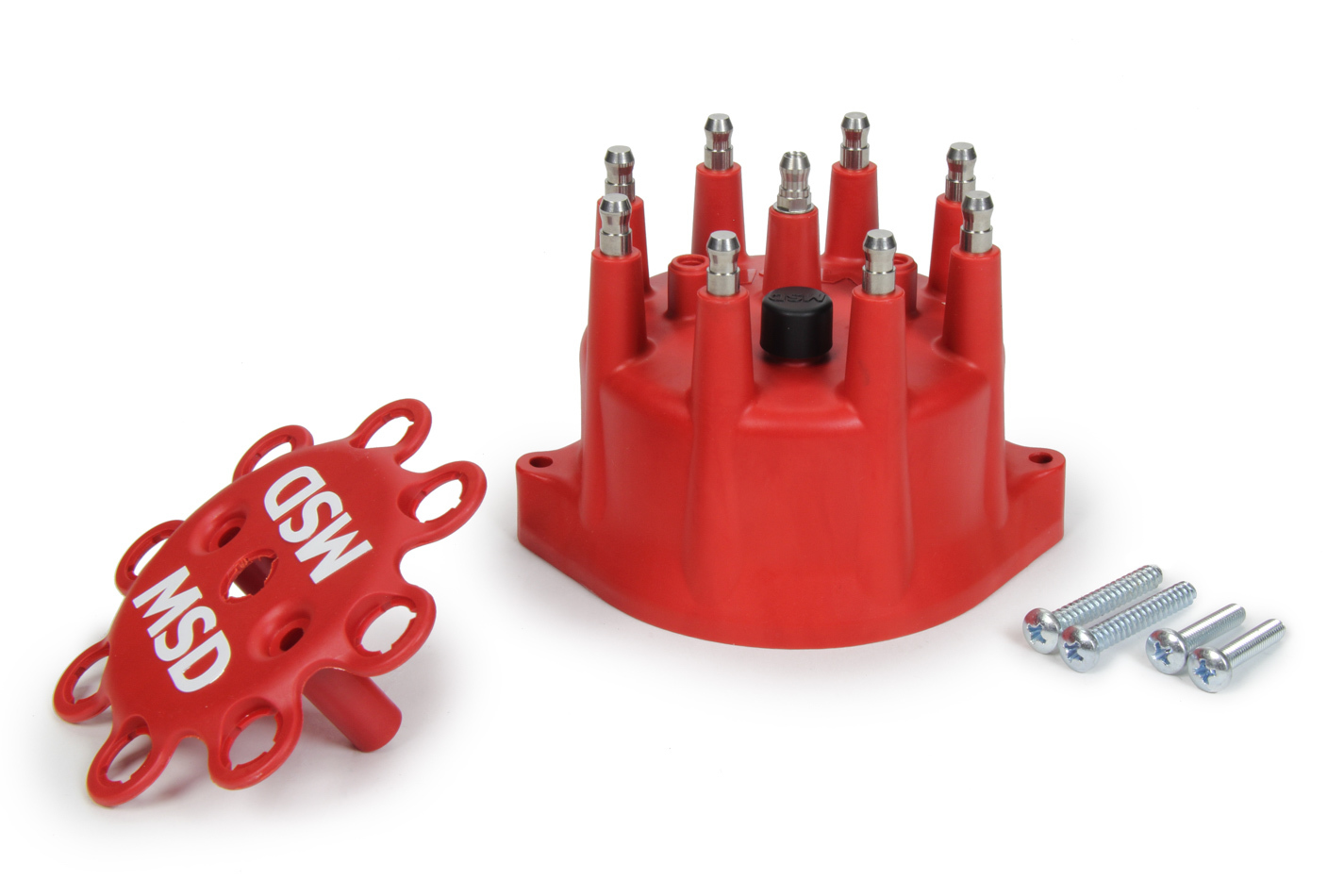 MSD Ignition 8431 Distributor Cap, HEI Style Terminals, Stainless Terminals, Screw Down, Red, Vented, MSD Small Diameter Distributors, V8, Each