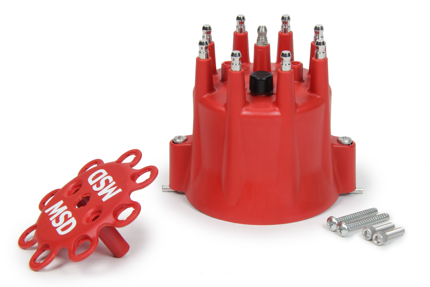 MSD Ignition 8433 Distributor Cap, HEI Style Terminals, Stainless Terminals, Twist Lock, Red, Vented, Chevy V8, Each