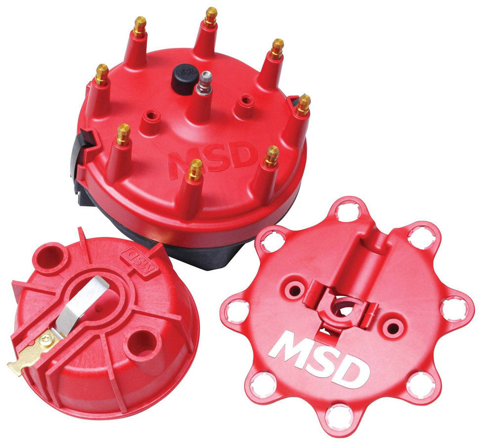MSD Ignition 8441 Cap and Rotor Kit, Cap-A-Dapts, HEI Style Terminal, Brass Terminals, Clamp Down, Red, Vented, Small Diameter MSD Distributors, V8, Kit