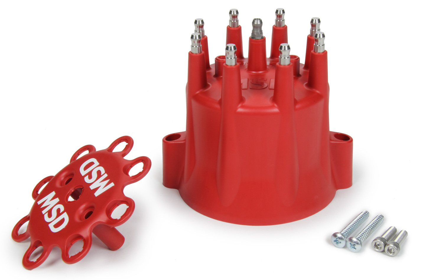 MSD Ignition 8565 Distributor Cap, Marine, HEI Style Terminals, Brass Terminals, Screw Down, Red, Vented, Chevy V8, Each