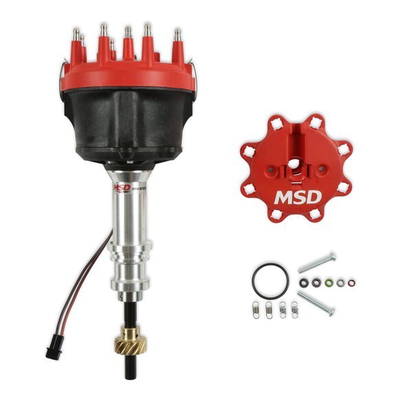 MSD Ignition 85827 Distributor, Billet, Magnetic Pickup, Mechanical Advance, HEI Style Terminal, Red, Bronze Gear, Small Block Ford, Each