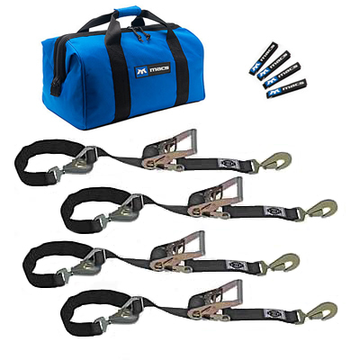 Macs Custom Tie Downs 511108 Tie Down Strap Kit, Super Pack, Four 2 x 8 ft Twisted Hook Combination Ratchet Straps, Gear Bag, Blue, Kit