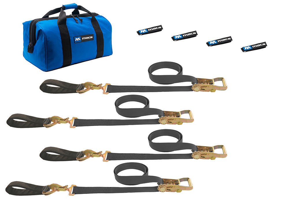 Macs Custom Tie Downs 511218 Tie Down Strap Kit, Ultra Pack, Four 2 x 8 ft Direct Hook Ratchet Straps, Four Axle Straps, Gear Bag, Black, Kit