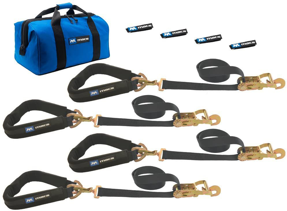 Macs Custom Tie Downs 511658 Tie Down Strap Kit, Pro Pack, Four 2 x 8 ft Direct Hook Ratchet Straps, Four 40 in Axle Straps, Four Fleece Sleeves, Gear Bag, Black, Kit