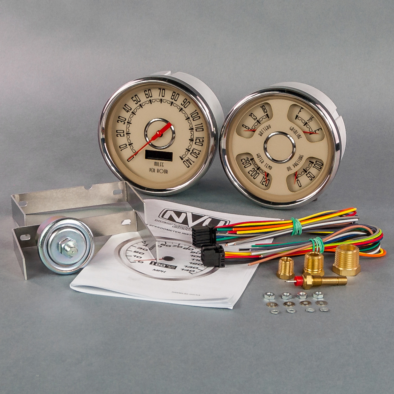 New Vintage 37205-02 Gauge Kit, Woodward, Analog, Fuel Level / Oil Pressure / Speedometer / Voltmeter / Water Temperature, Beige Face, Kit