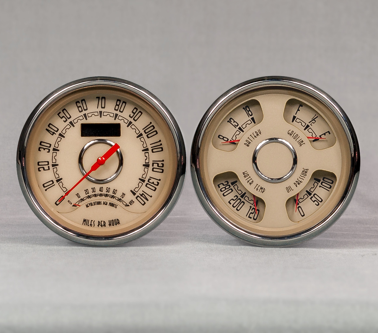 New Vintage 37215-02 Gauge Kit, Woodward, Analog, Fuel Level / Oil Pressure / Speedometer / Tachometer / Voltmeter / Water Temperature, Beige Face, Kit