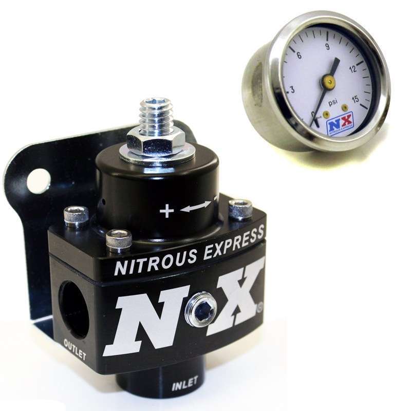 Nitrous Express 15952 Fuel Pressure Regulator, 1-1/2 to 11 psi, 3/8 in NPT Inlet, Dual 3/8 in NPT Outlets, 1/8 in NPT Gauge Port, Fuel Pressure Gauge, Aluminum, Black Anodized, Kit