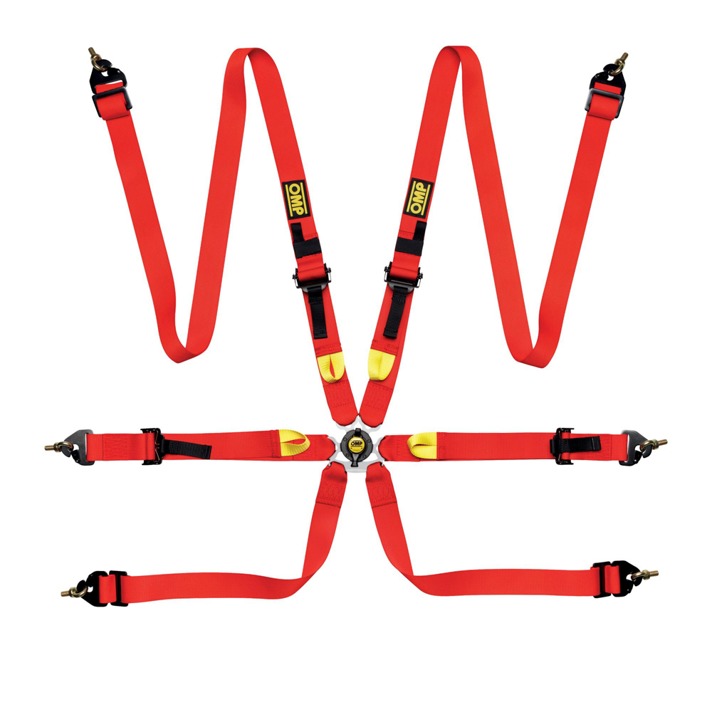 OMP Racing DA0208H061 Harness, First 2, 6 Point, Camlock, FIA Approved, Pull Up Adjust, Clip-In / Wrap Around, Individual Harness, Red, Kit
