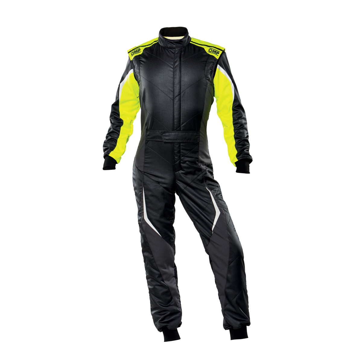 OMP Racing IA01859E17852 Driving Suit, Tecnica Evo, 1-Piece, SFI 3.2A/5, FIA Approved, Double Layer, Fire Retardant Fabric, Black / Fluorescent Yellow, Size 52, Each