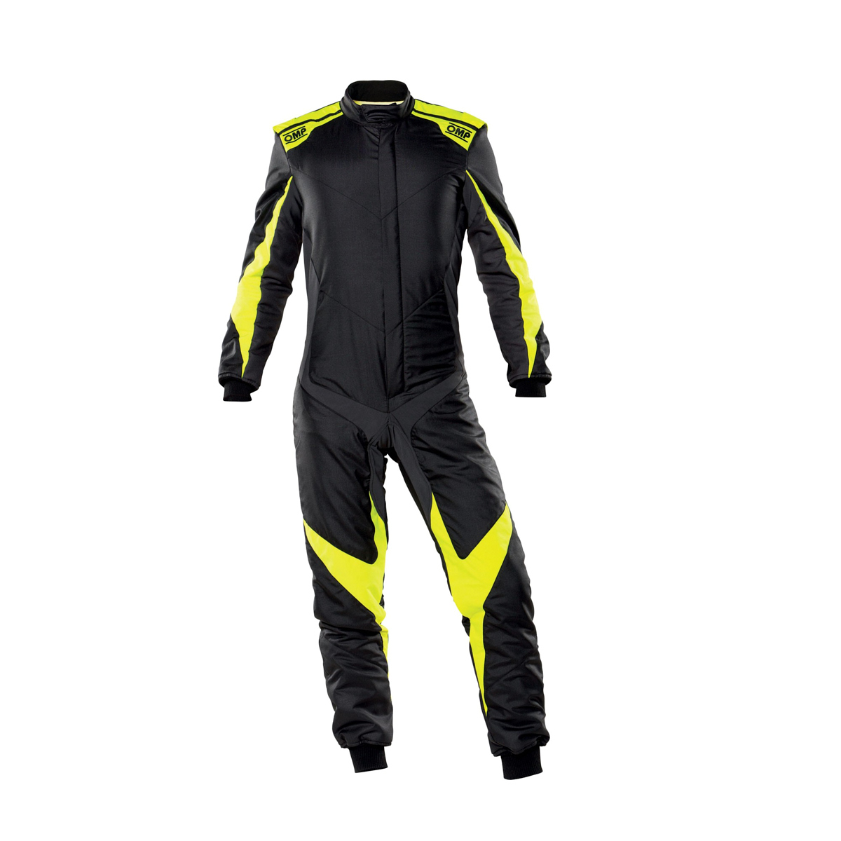 OMP Racing IA01859E17858 Driving Suit, Tecnica Evo, 1-Piece, SFI 3.2A/5, FIA Approved, Double Layer, Fire Retardant Fabric, Black / Fluorescent Yellow, Size 58, Each