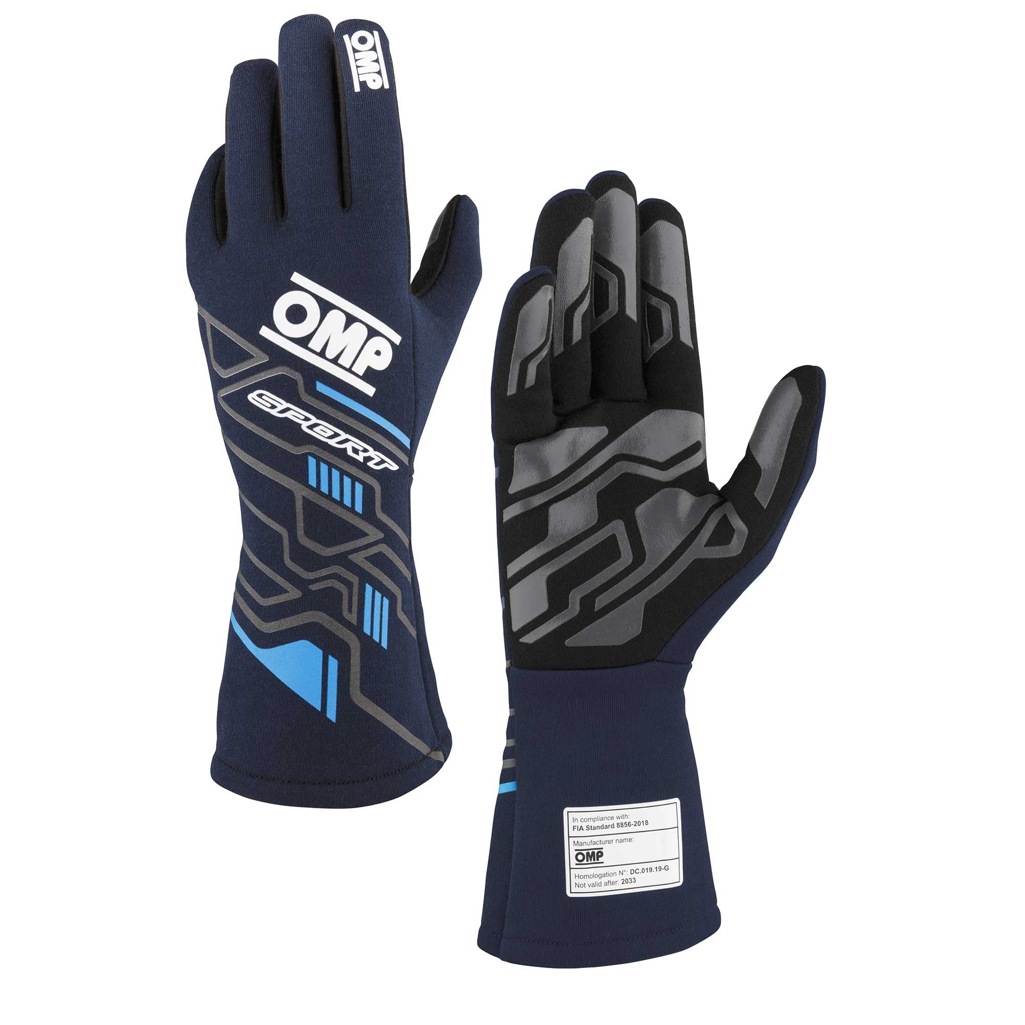 Driving Gloves - Sport - FIA Approved - Single Layer - Fire Retardant Fabric - Navy Blue / Cyan - Small - Pair thumbnail 2