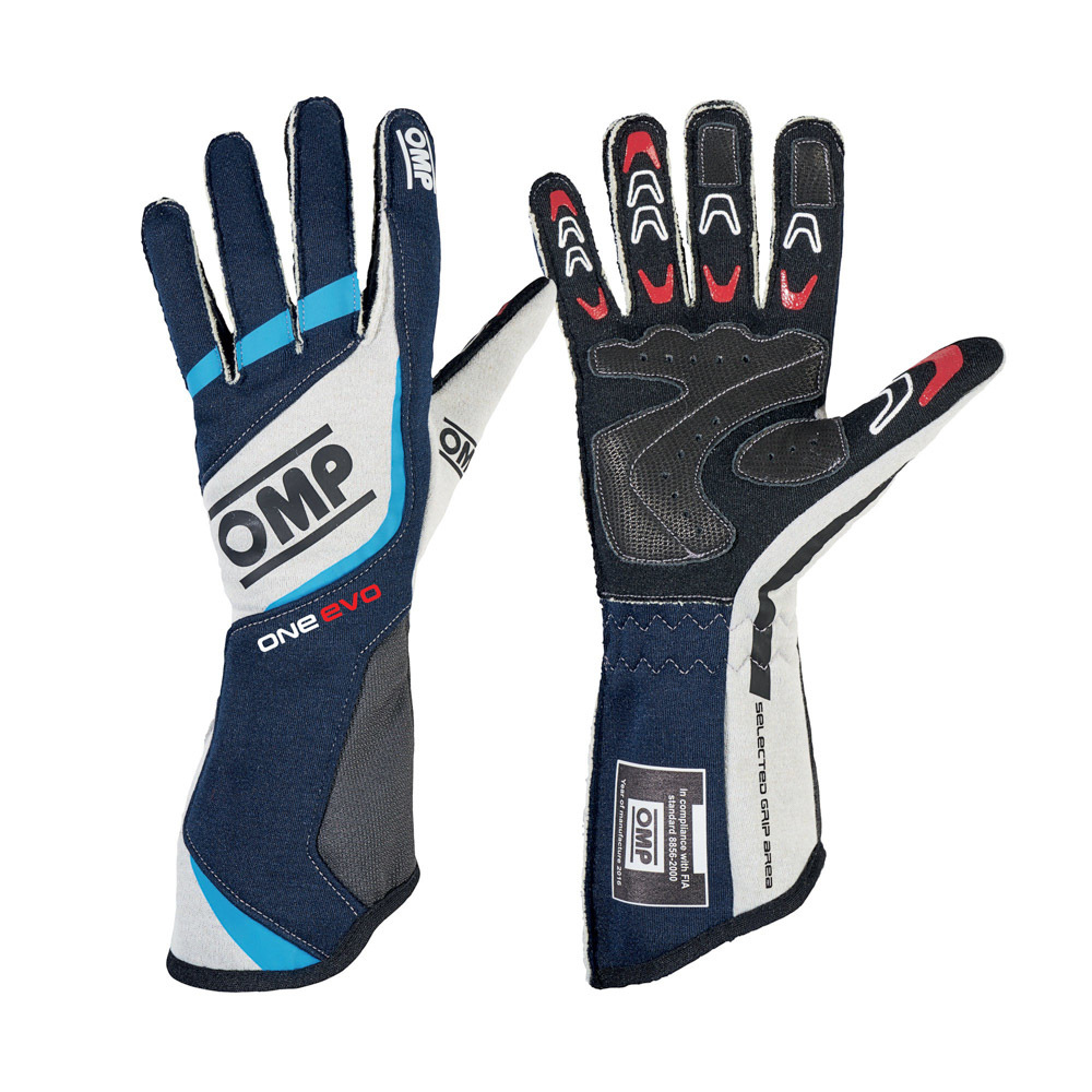 OMP Racing IB759BWL - Gloves, One EVO, Driving, FIA Approved, Single Layer, Fire Retardant Fabric, Blue / White, Large, Pair