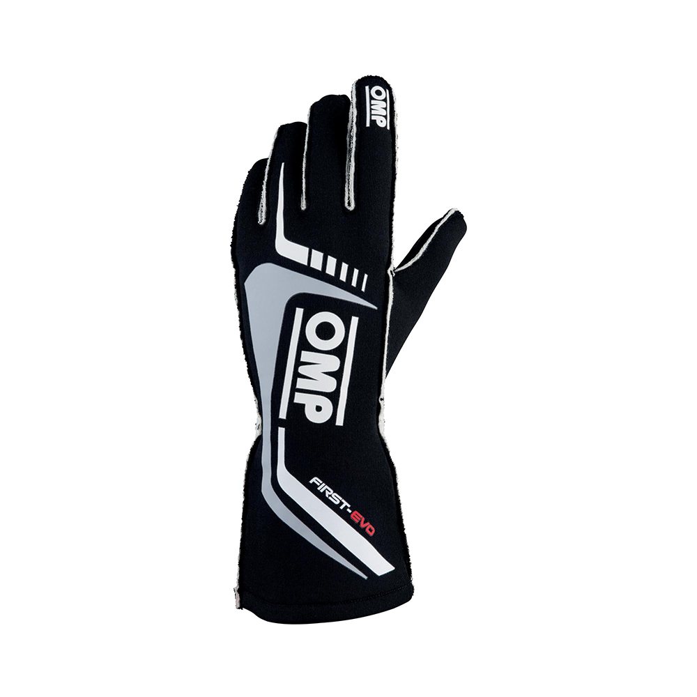OMP Racing IB767NM - Gloves, First EVO, Driving, FIA Approved, Single Layer, Fire Retardant Fabric, Black, Medium, Pair