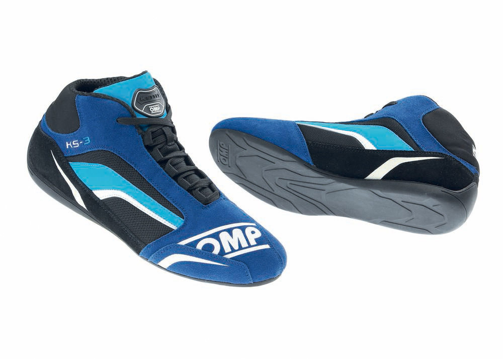 OMP Racing IC81324139 Driving Shoe, KS-3, Mid-Top, FIA Approved, Suede Leather Outer, Fire Retardant Fabric Inner, Black / Blue, Euro Size 39, Pair