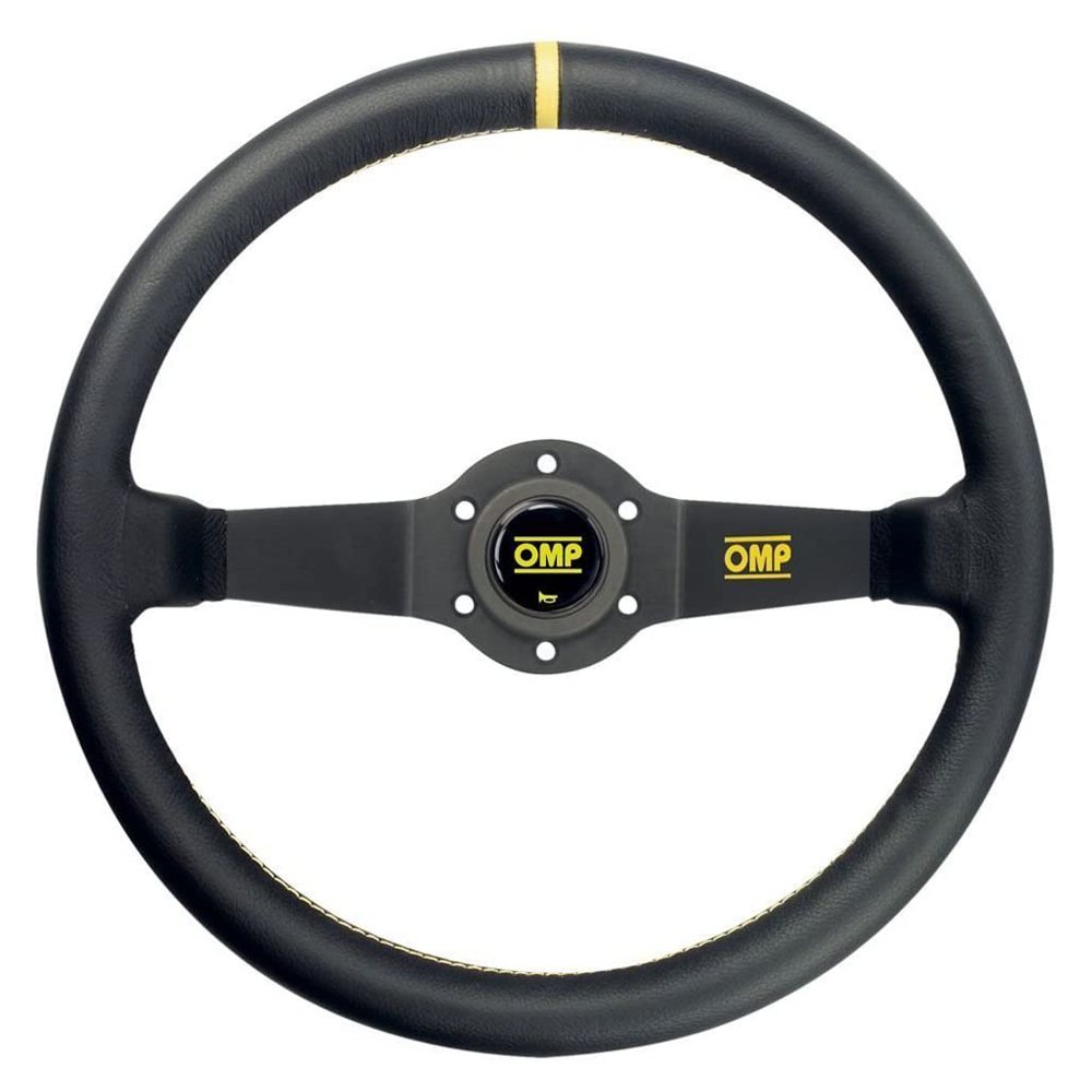OMP Racing OD1950 Steering Wheel, Rally Liscio, 350 mm Diameter, 95 mm Dish, 2-Spoke, Black Leather Grip, Yellow Stripe, Aluminum, Black Anodized, Each