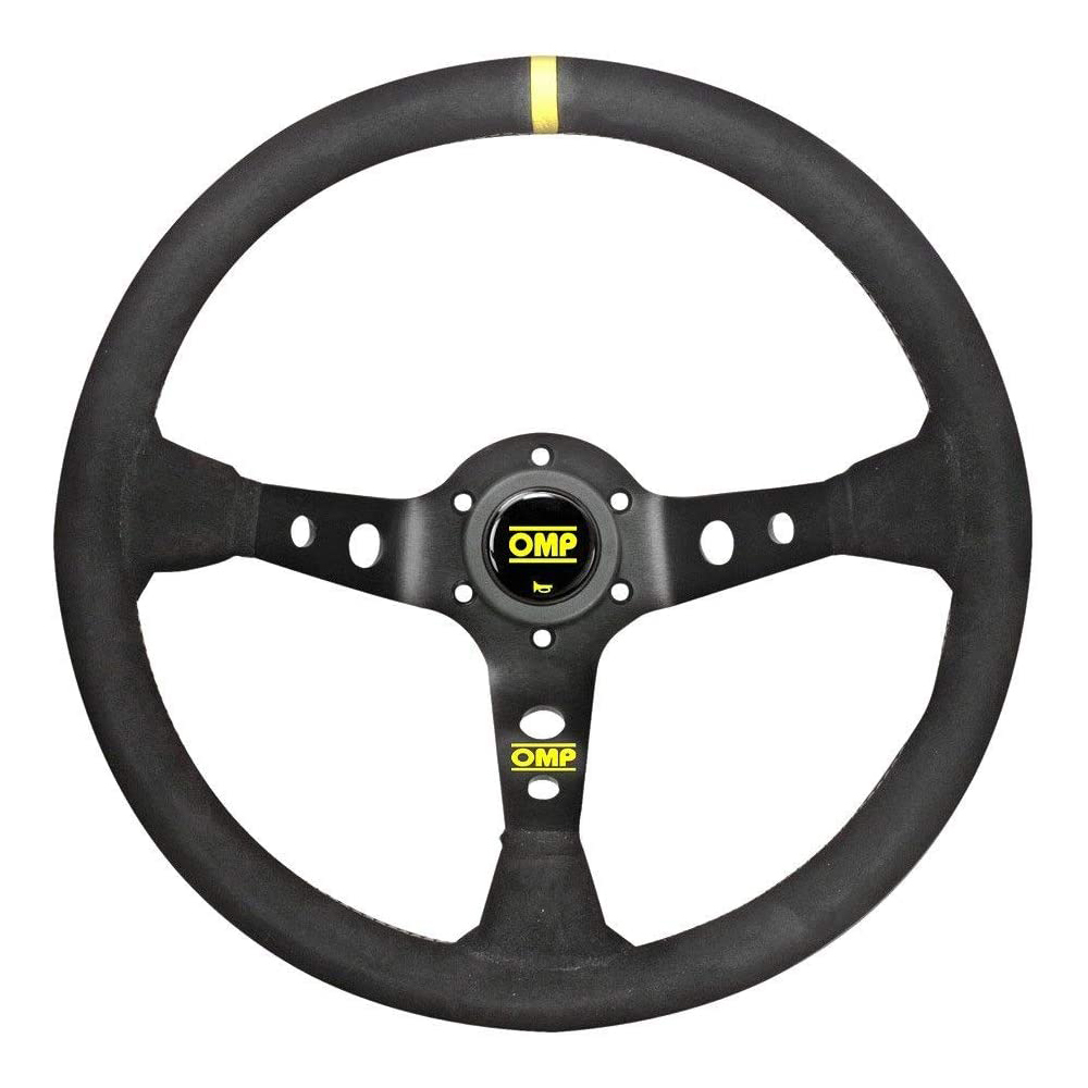 OMP Racing OD1954N - Steering Wheel, Corsica Scamosciato, 350 mm Diameter, 3 Spoke, 95 mm Dish, Black Suede Grip, Yellow Stripe, Aluminum, Black Anodized, Each