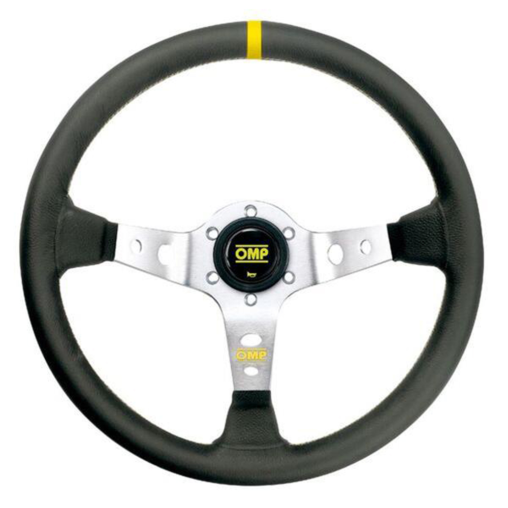OMP Racing OD1956AN Steering Wheel, Corsica Liscio, 350 mm Diameter, 95 mm Dish, 3-Spoke, Black Leather Grip, Aluminum, Clear Anodized, Each
