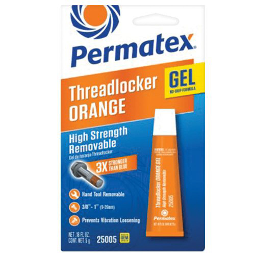 Permatex 25005 Thread Locker, Orange Gel, High Strength, 5 g Tube, Each
