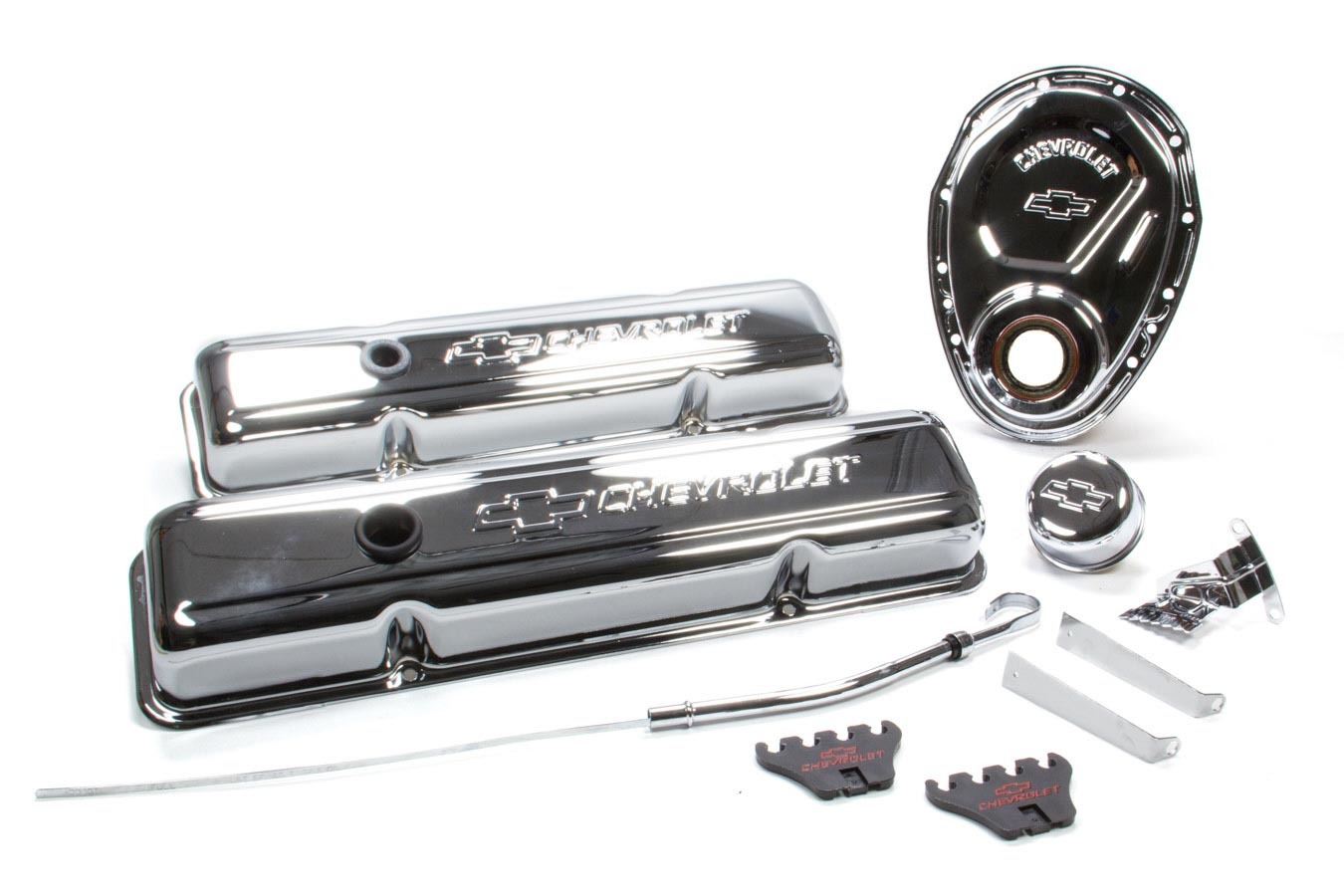 Proform 141-001 Engine Dress Up Kit, Breather / Dipstick / Short Valve Covers / Timing Cover / Timing Tab / Wire Loom, Chevy Logo, Steel, Chrome, Small Block Chevy, Kit
