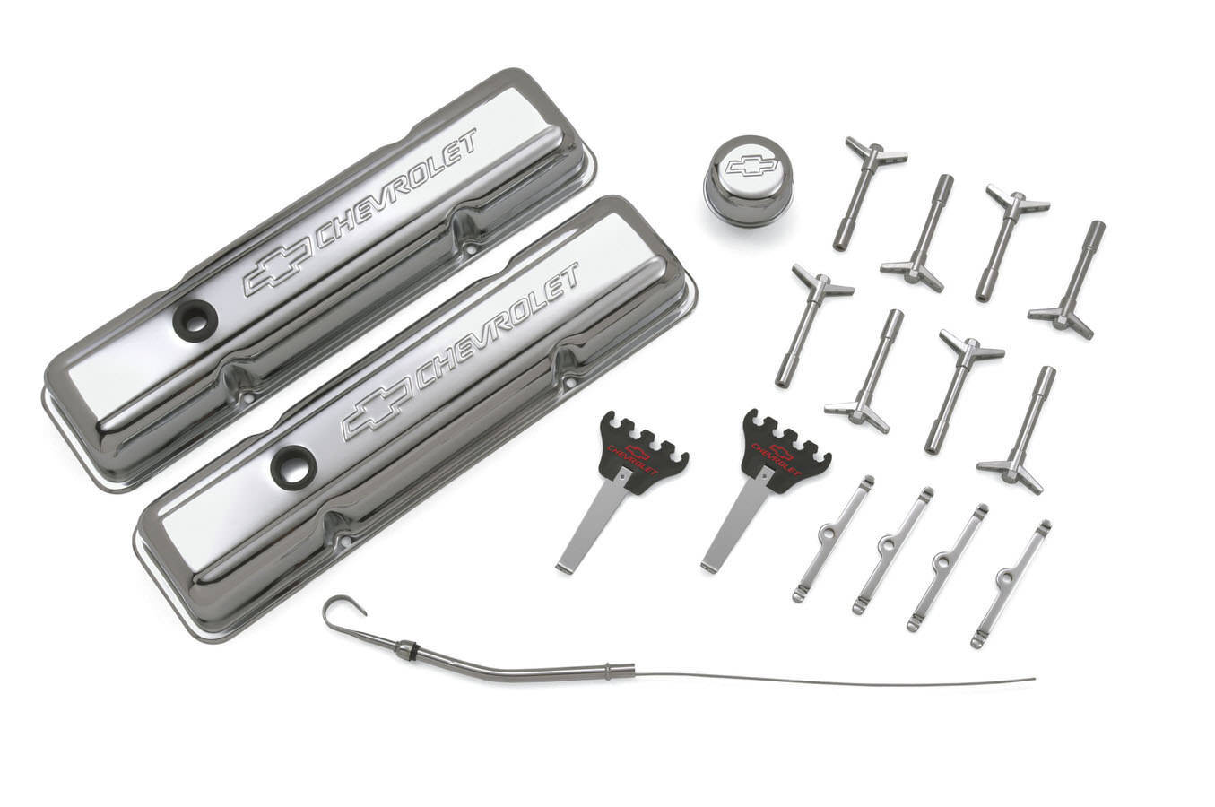 Proform 141-002 Engine Dress Up Kit, Breather / Dipstick / Hardware / Short Valve Covers / Wire Loom, Chevy Logo, Steel, Chrome, Small Block Chevy, Kit