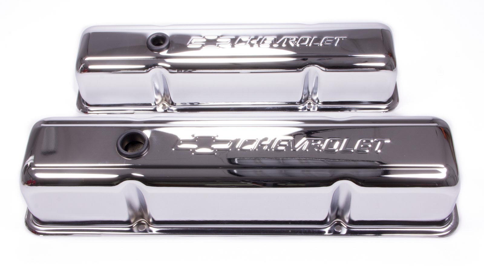 Proform 141-103 Valve Cover, Tall, Baffled, Breather Hole, Chevrolet Bowtie Logo, Steel, Chrome, Small Block Chevy, Pair