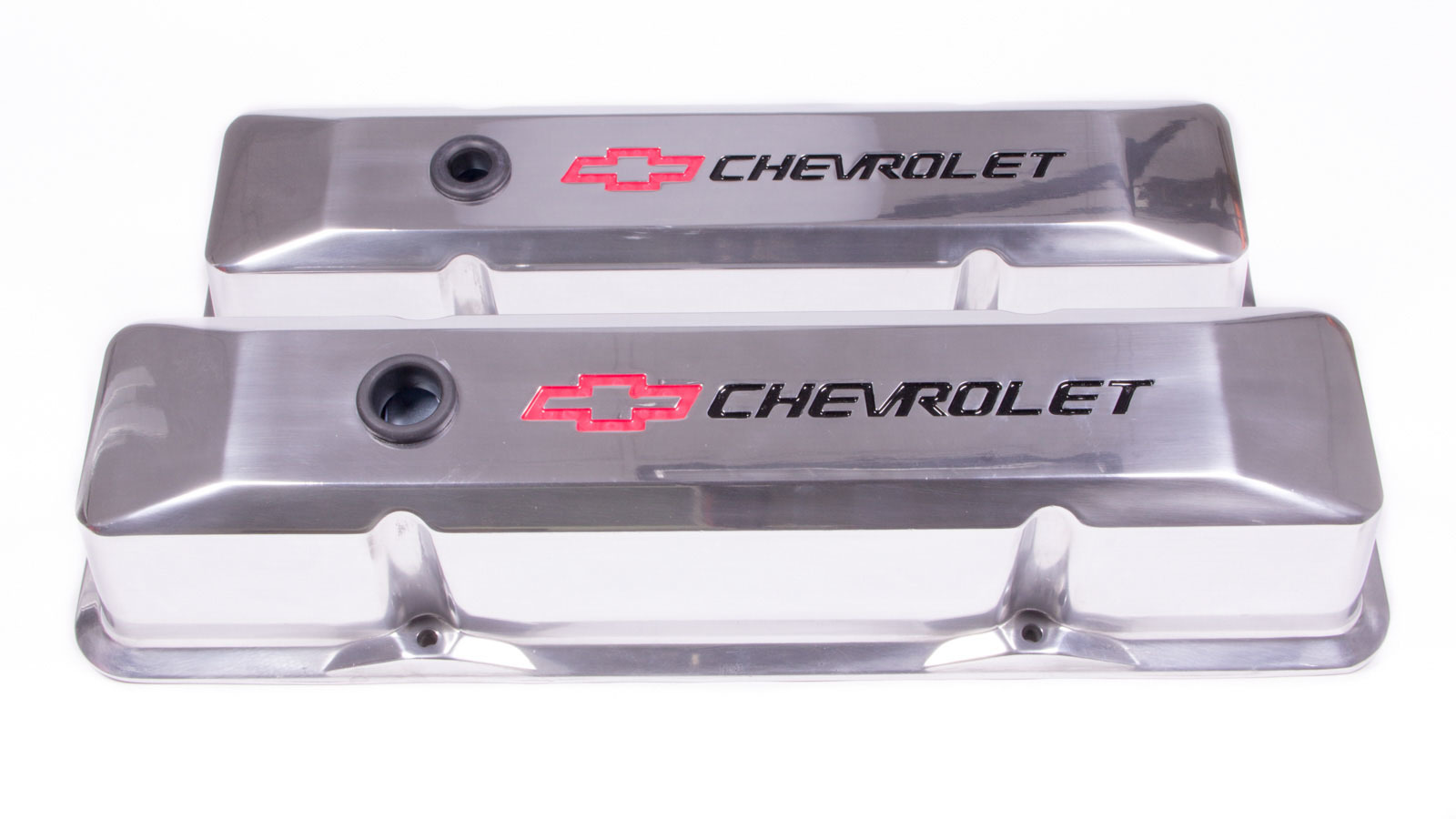 Proform 141-108 Valve Cover, Die-Cast, Tall, Baffled, Breather Hole, Recessed Chevrolet Bowtie Logo, Aluminum, Polished, Small Block Chevy, Pair