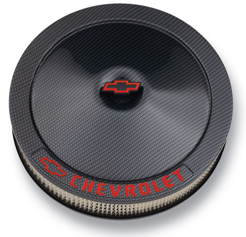 Proform 141-713 Air Cleaner Assembly, Classic, 14 in Round, 3 in Element, 5-1/8 in Carb Flange, Flat Base, Red Chevrolet Logo, Steel, Carbon Fiber Look, Kit