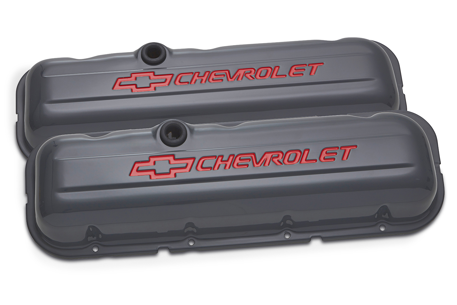 Proform 141-888 Valve Cover, Tall, Baffled, Breather Hole, Chevrolet Bowtie Logo, Steel, Gray Paint, Big Block Chevy, Pair