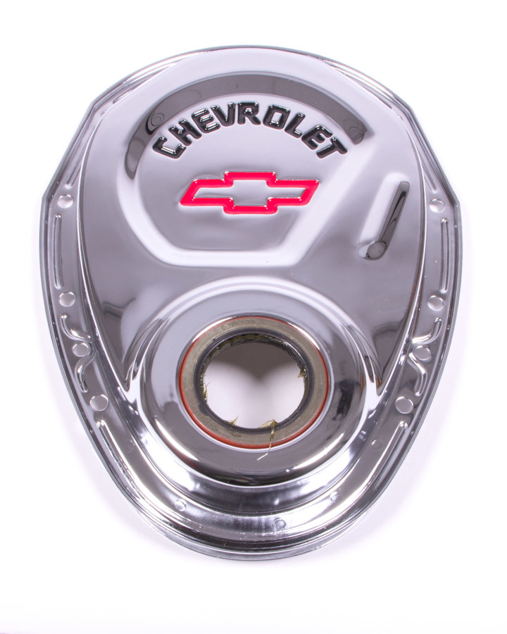 Proform 141-904 Timing Cover, 1-Piece, Seal Included, Chevrolet / Bowtie Logo, Steel, Chrome, Small Block Chevy, Each