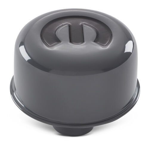 Proform 440-884 Breather, Push-In, Round, 1.22 in Hole, Omega M Logo, Steel, Gray Paint, Each