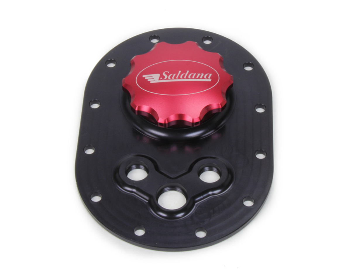 Saldana Racing Products SAC-061 Fuel Cell Filler Plate, Screw-On Cap, 4 x 6 in Oval 12-Bolt Flange, Three 6 AN Female Ports, Aluminum, Black Anodized, Kit