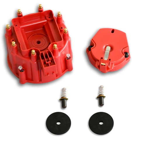 Pertronix Ignition D4011 Cap and Rotor Kit, HEI Style Terminal, Brass Terminals, Twist Lock, Red, Non-Vented, GM HEI V8, Kit