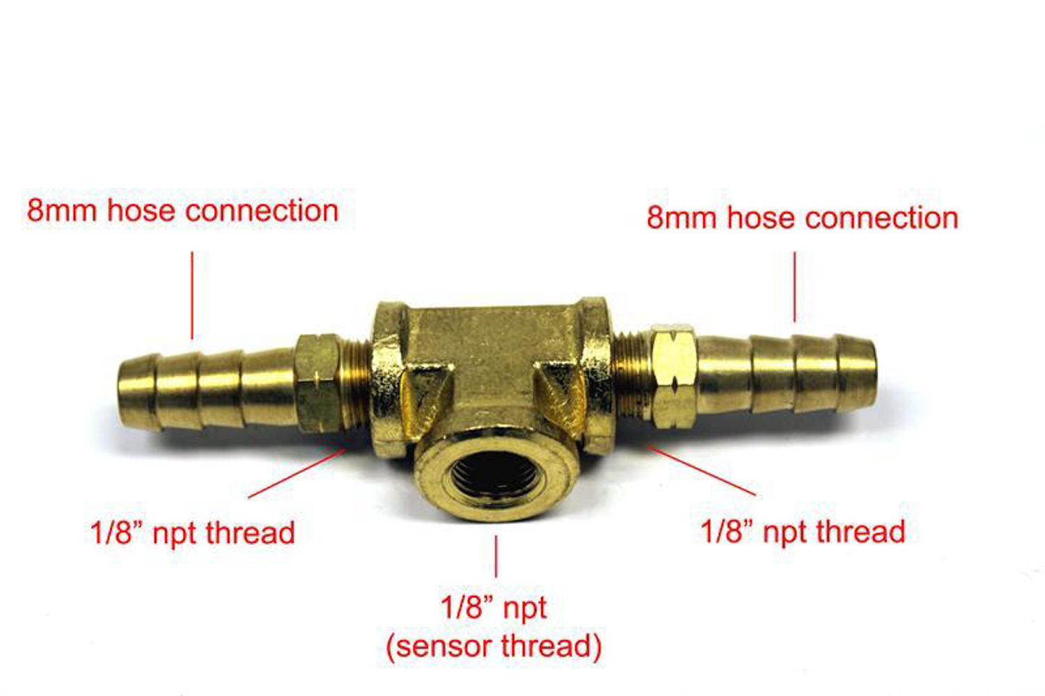 ProSport Gauges PSFPSTF-8 Fitting, Adapter Tee, 8 mm Hose Barb x 8 mm Hose Barb x 1/8 in NPT Female, Brass, Natural, Each