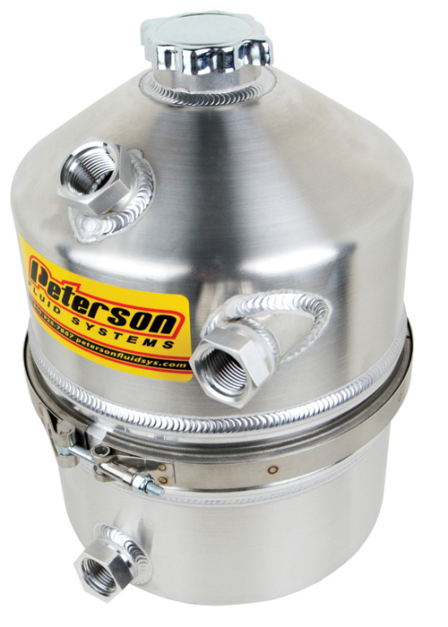 Peterson Fluid 08-0009 Oil Tank, Dry Sump, 12 qt, 16 in Tall, 9 in OD, 12 AN Female O-Ring Inlet, 12 AN Female O-Ring Outlet, 12 AN O-Ring Breather Port, Aluminum, Natural, Each