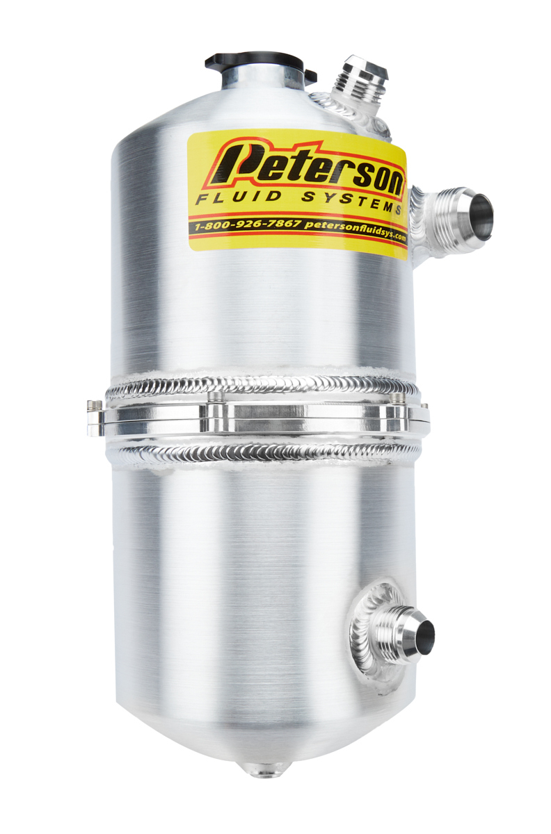 Peterson Fluid 08-0823 Oil Tank, Dry Sump, 6 qt, 15-1/2 in Tall, 6 in OD, 12 AN Male Inlet, 12 AN Male Outlet, 16 AN Male Vent, Aluminum, Natural, Each